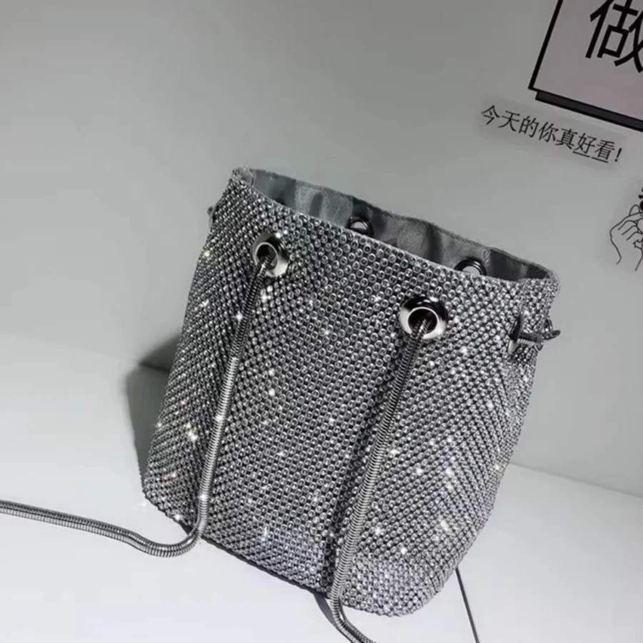 Shiny Chain Bucket Bags Women Evening Bags Diamonds Soft Silver Shoulder Bags Clutch Rhinestones Bridal Party Wedding Handbags view 3