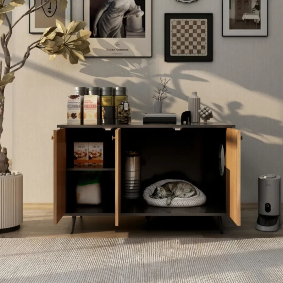 Litter Box Enclosure, Cat Litter Box Furniture With Hidden Plug, 3 Doors, Indoor Cat Washroom Storage Bench Side Table Cat Hous