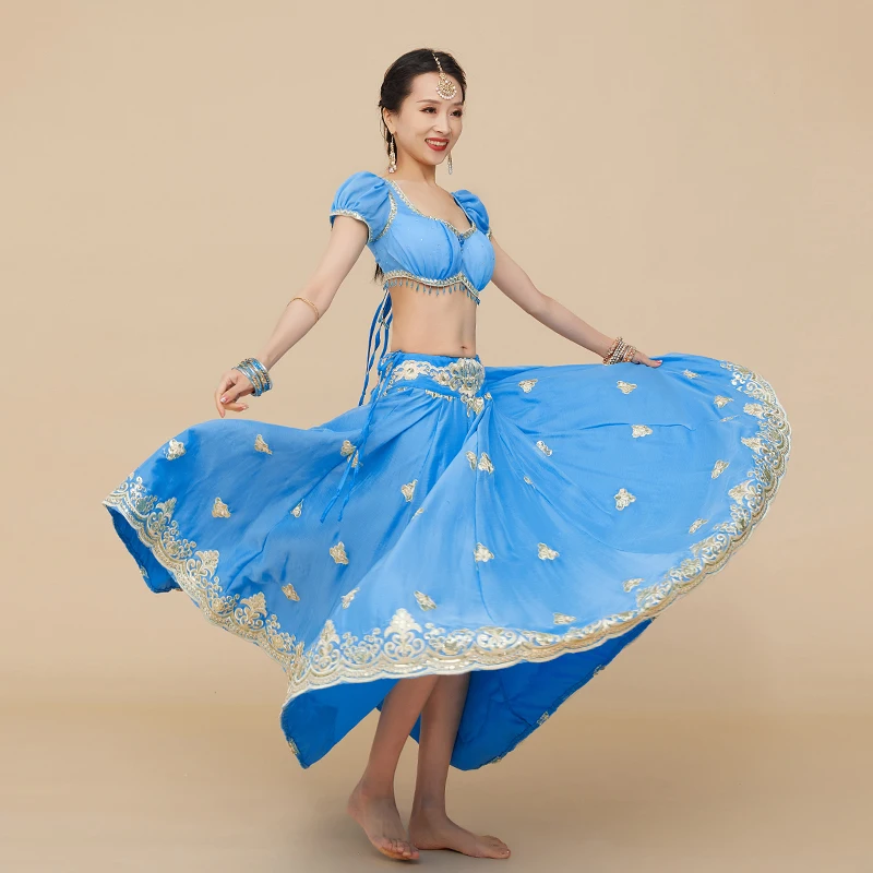 Indian Dance Clothes For Women Short Sleeve Tops Big Swing Blue Skirt Female Elegant Bollywood Saree Belly Dance Dress DQL7062