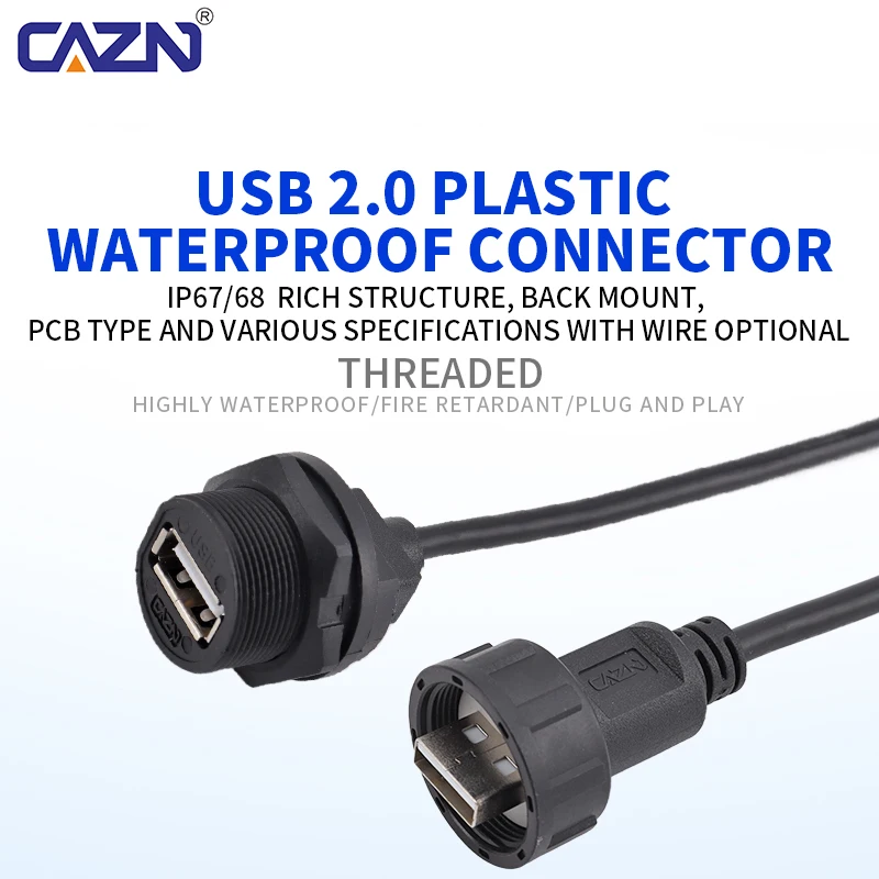 E13 Threaded Waterproof USB 2.0 Connector Overmolded Cable Plug Male Female IP67 PVC 0.3M 1M 2M 3M for Data Communication