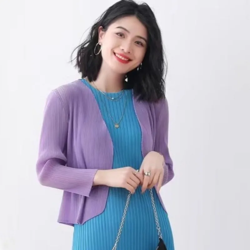 Miyake 2026 Klassieke Nieuwe Tops Dames Casual Eenvoudige Losse Peplum Lange Mouw Vest Tuniek Elegante Comfortabele Stretch Kleding