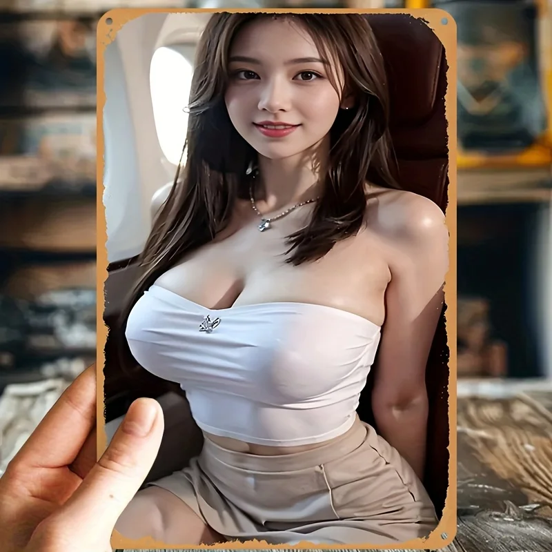 1Pc Vintage 2D Flat Style Girl In White Tube Top Metal Sign Sexy Elegant Beauty Tin Wall Art Retro Poster Plaque Decor For Home