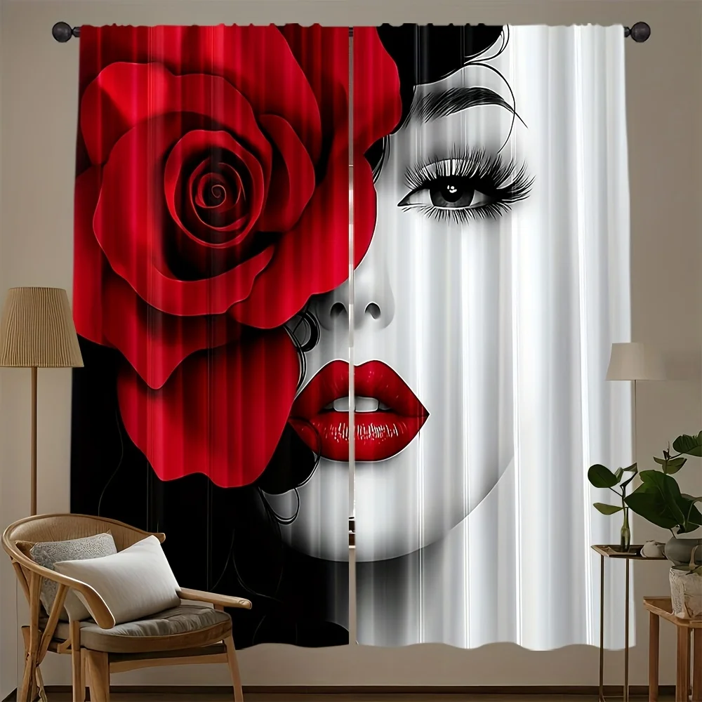 2pcs Red Rose and Glamorous Lady Portrait Curtains Fashion Artistic Black White Window Drapes for Bedroom Living Room Hotel