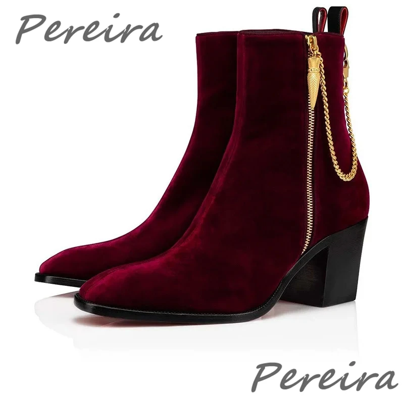 Men Suede Ankle Boots Gold Chain Black Red Velvet Pointed Toe High Heel Shoes Luxury Genuine Leather Side Zipper Chelsea Boots