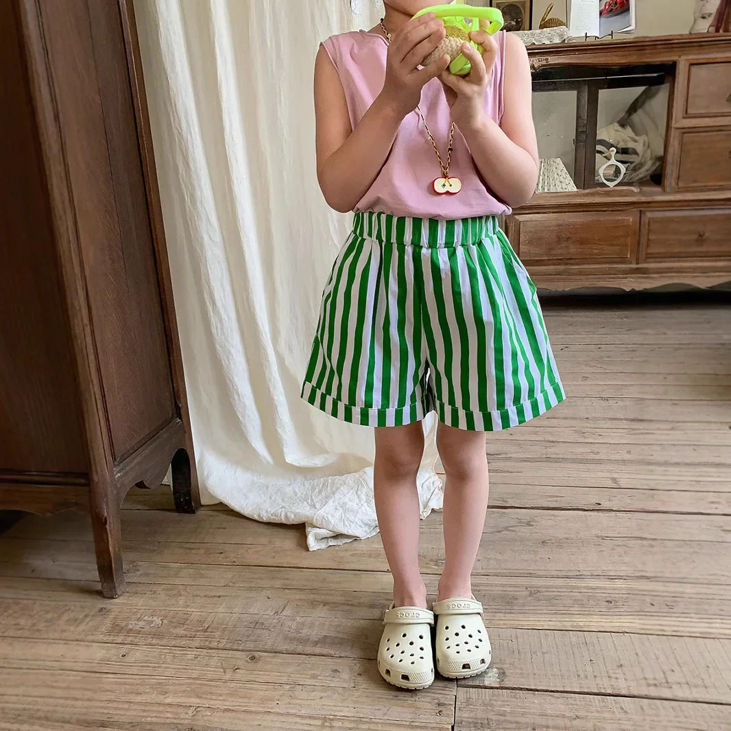 

Children Girls Summer Cotton Shorts Striped Casual Shorts For 1-10Y Girls Contrast Elastic Wiast Versatile Kids Girls Half Pants