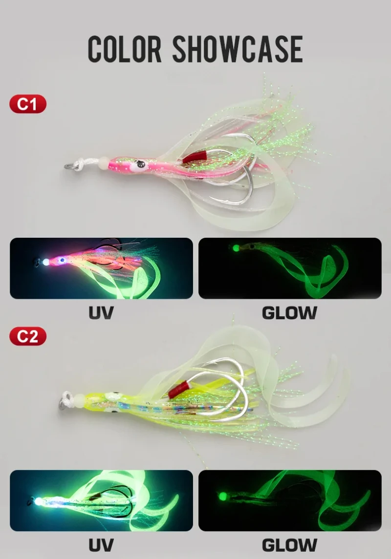 2 Stück/Beutel HK018 Salzwasser-Angelzubehör Weiche Tintenfisch-Sporthaken Trolling-Köder Leuchtender Slow-Jig-Hilfshaken – Detail 8