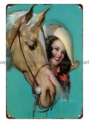 art print 1944 Winner By A Smile retro western art cowgirl horse metal tin sign