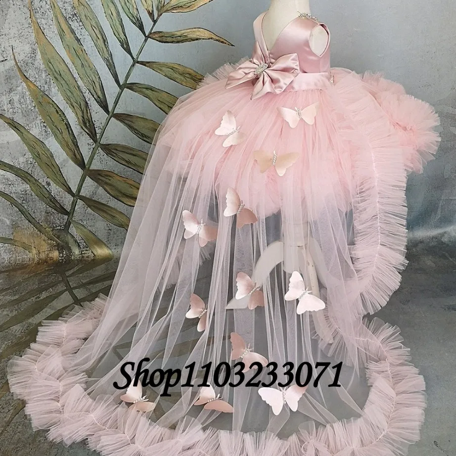 Fluffy Flower Girl Dress Butterfly Detachable Tail Child Baby Girl Wedding Bridesmaid Birthday Party First Communion Ball Gown