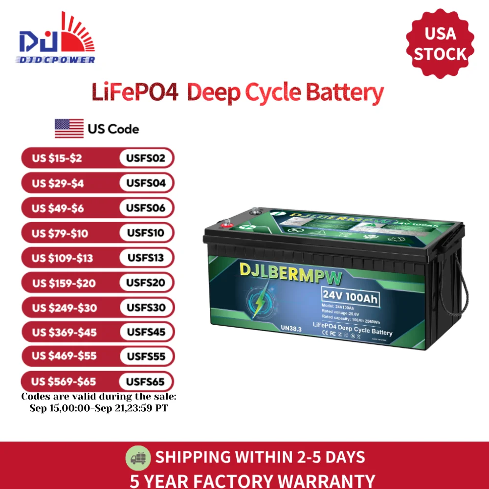 DJLBERMPW 24V 100Ah LiFePO4 batterie Lithium fer Phosphate Batteries en 100A BMS pour moteur de pêche à la traîne marine RV voiturettes de golf solaires