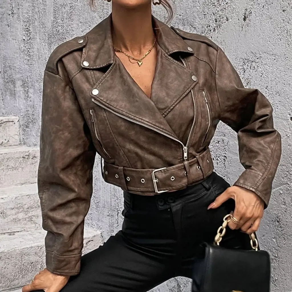 Vintage Washed Distressed PU Leather Jacket for Women Short European American Style Autumn Fashion Hot Girl Clothing