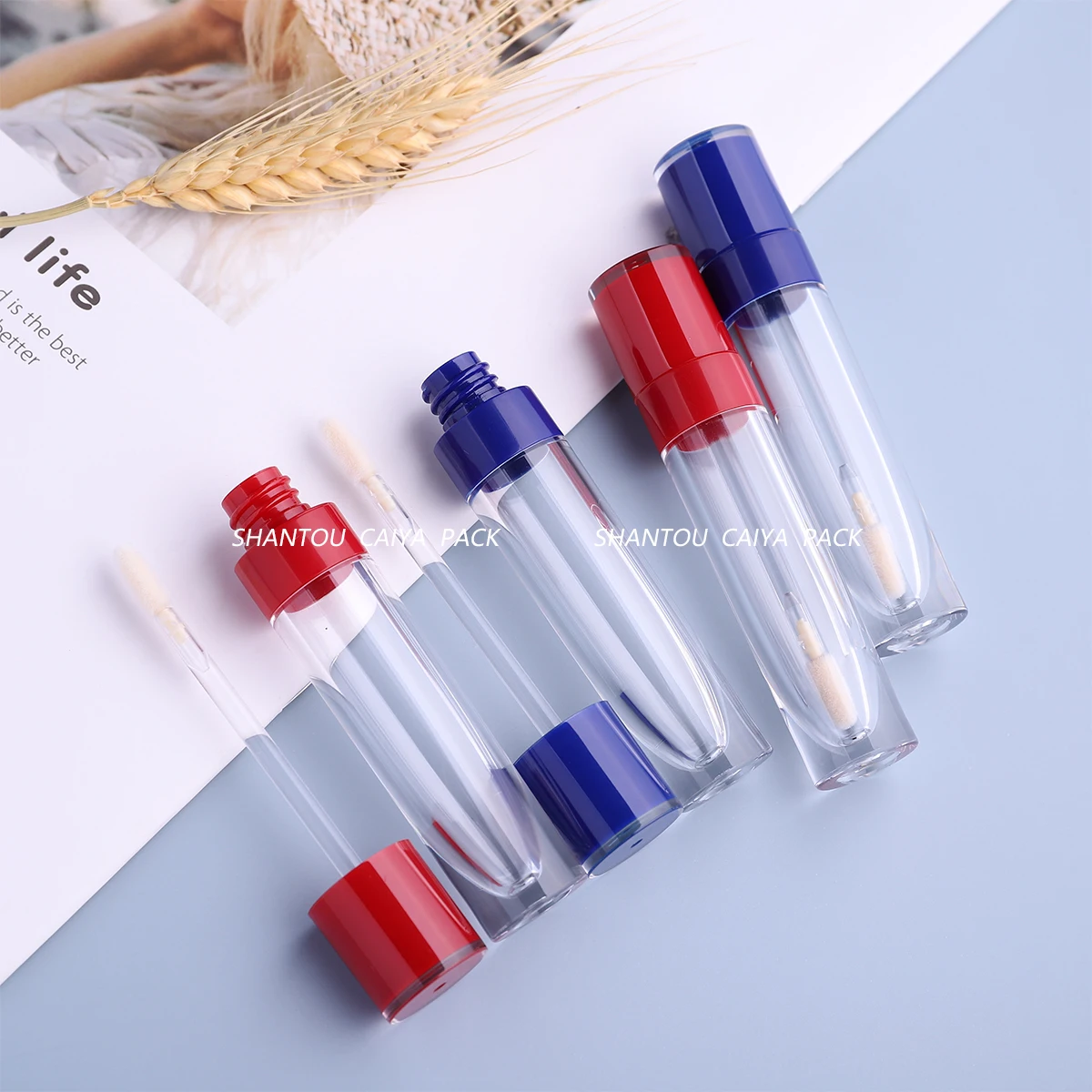 Contenedor de tubo de esmalte de labios DIY de 8ml con tapas rojas y azules, botella vacía de lápiz labial líquido, embalaje de tubos redondos de plástico para brillo de labios