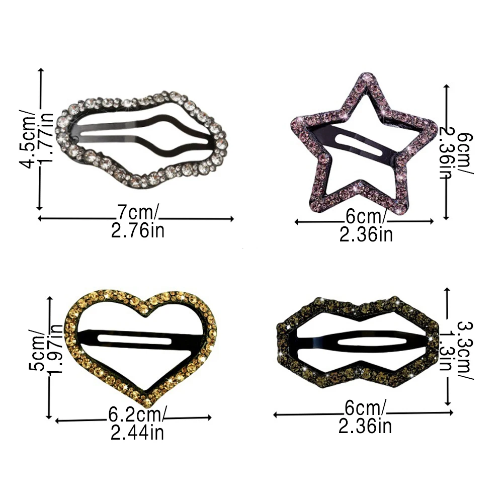 4Pcs Fashion Shiny Rhinestone Hair Clips, Simple Five-Pointed Star/Heart/Wave Hair Accessories, Snap-On Hair Clips Headdress view 6