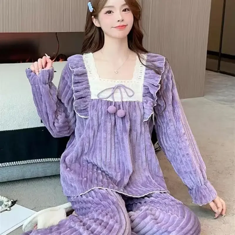 Autumn Winter Pajamas Ms. Princess Flannel Coral Fleece Fine Fleece Warm Home Wear Cute Instagram Style pajamas women sleepwear