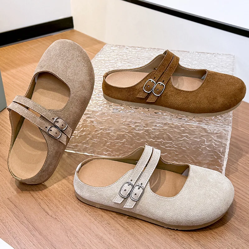 2026 Spring New Women's Bag Head Half Slippers Outer Wear Double Button Mary Jane Lazy Shoes Cool Dragging Women view 4