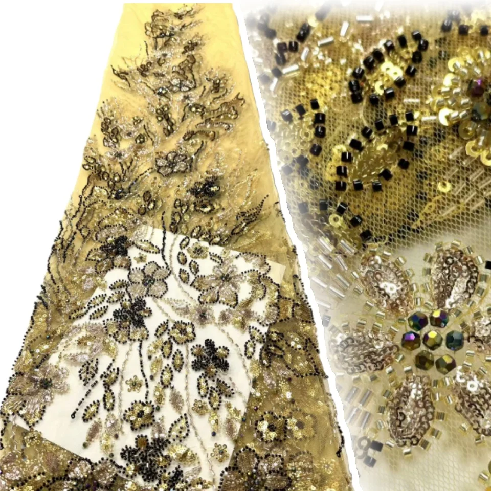 

Nigerian Sequins Party Red Lace African Beads Lace Fabric 2025 High Quality 5 Yards African French Tulle Net Lace Fabric AH1353