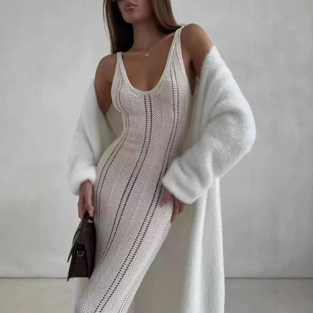 Autumn and winter loose and lazy style open knit coat, thick knee length imitation mink fur long sleeved sweater, warm jacket