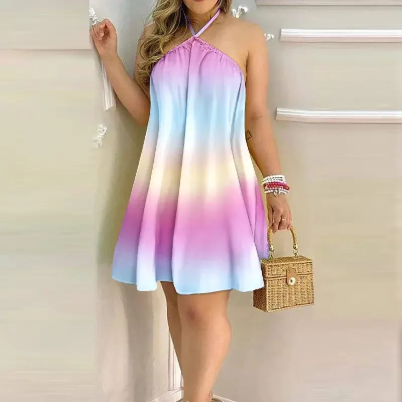 Vestido de playa sin mangas para mujer, cuello halter, estampado de hojas tropicales, holgado, fluido, línea A, minivestido de vacaciones