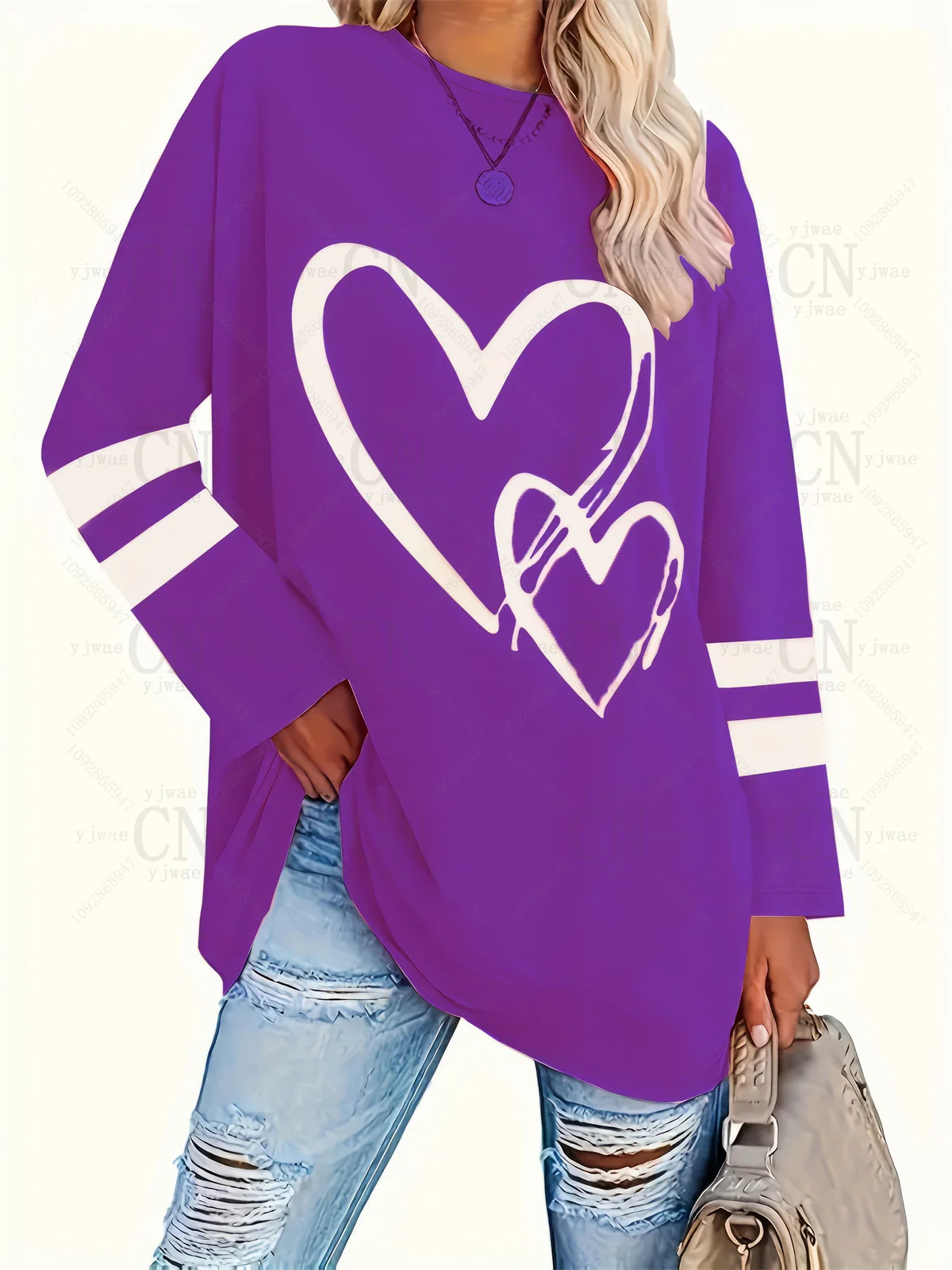 Plus Size Popular Loose Long Sleeve Heart Graphic Printed T-Shirt Simple Streetwear Versatile Top Women'S Long Sleeved T-Shirt