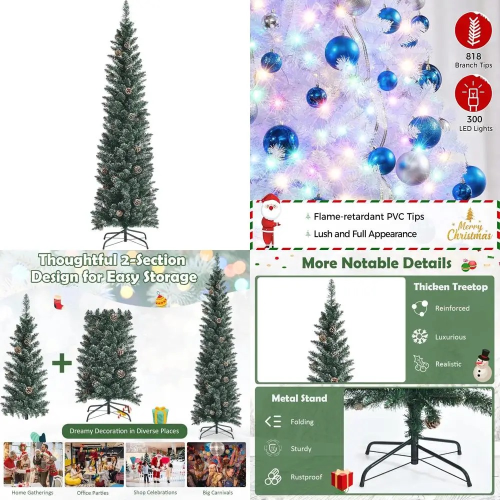 

6 Feet Tall Slim Pencil Artificial Christmas Tree with 267 PVC Tips and 31 Pine Cones, Snowy White, Perfect for Festival Celebra