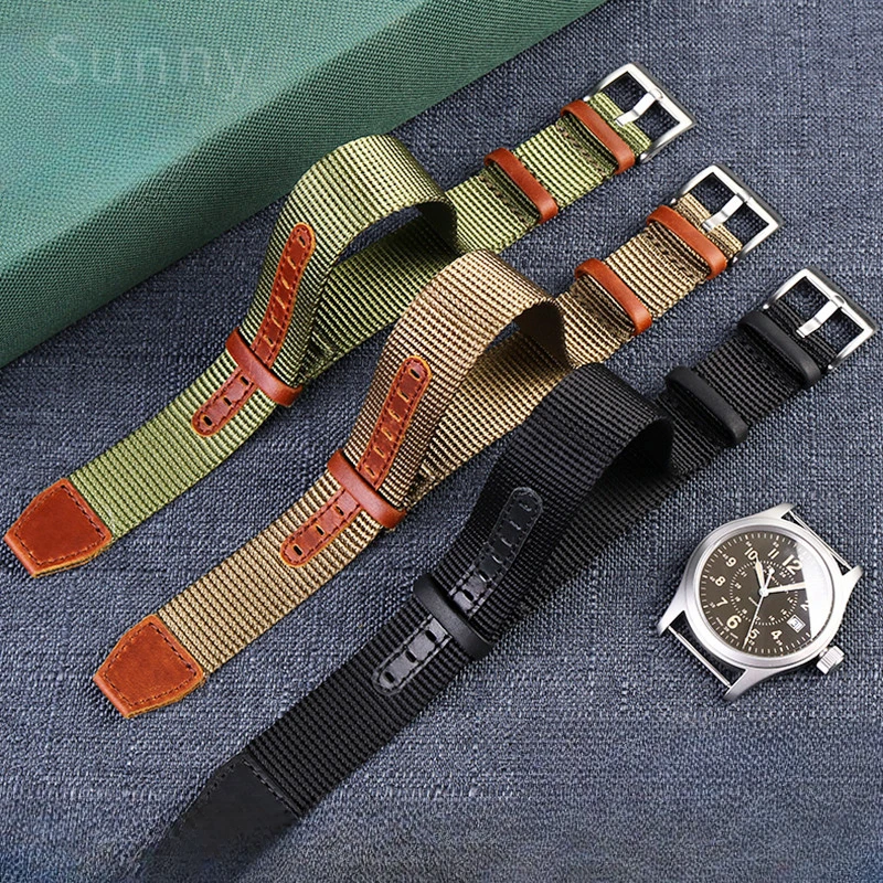 High Quality Nylon Genuine Leather Watchband for Hamilton Army Green Gray Field H69439931 411 Series Men\'s Outdoor Watch Strap