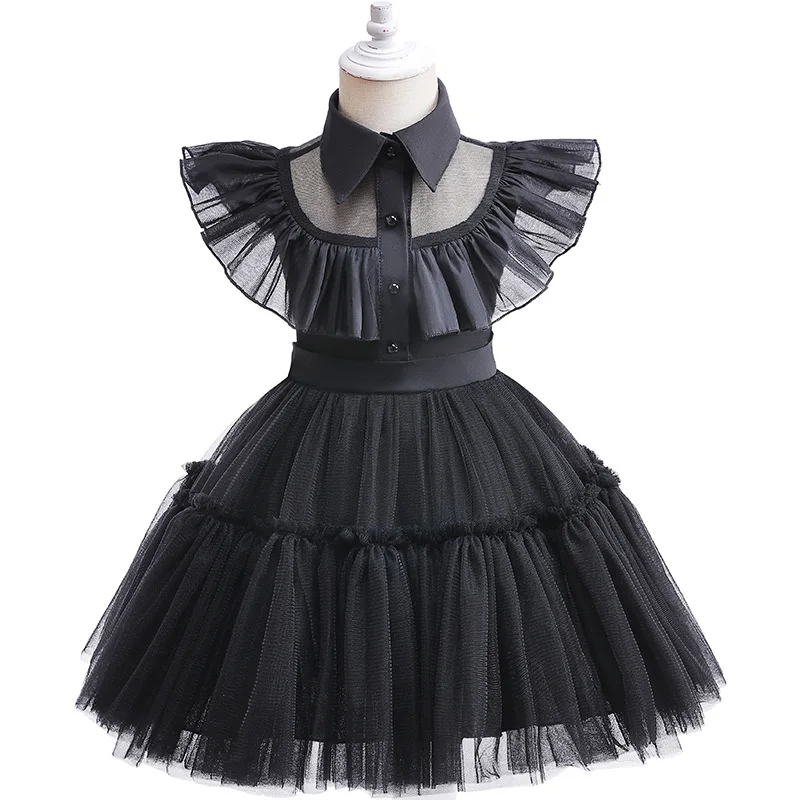 Wednesday Addams Baby Girls Dress Summer Mesh Princess Dress Prom Party Performance Costumes Kids Clothes 1 2 3 4 5 6 Years