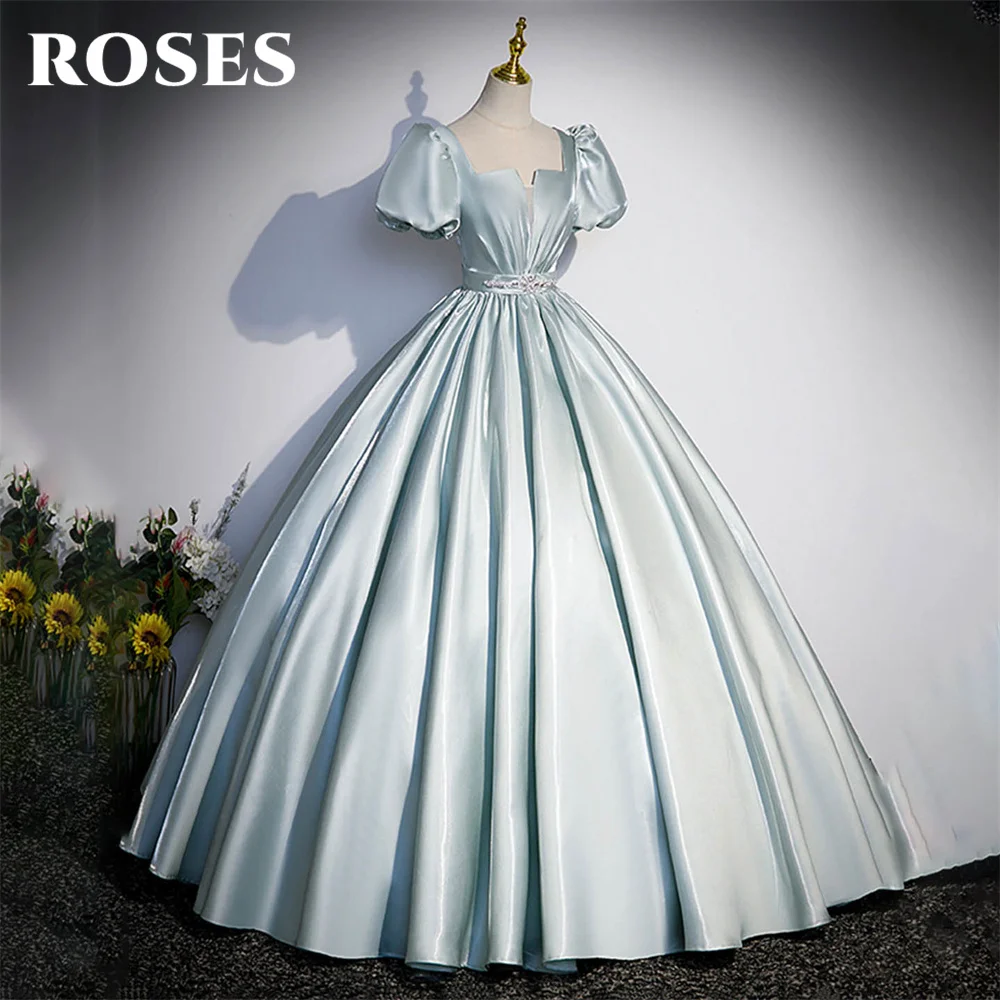 ROSES Light Blue Chic Woman Evening Dress Gown Stain Short Sleeve A Line Ball Gown Lace Up Back Night Dress Gown robes de soirée