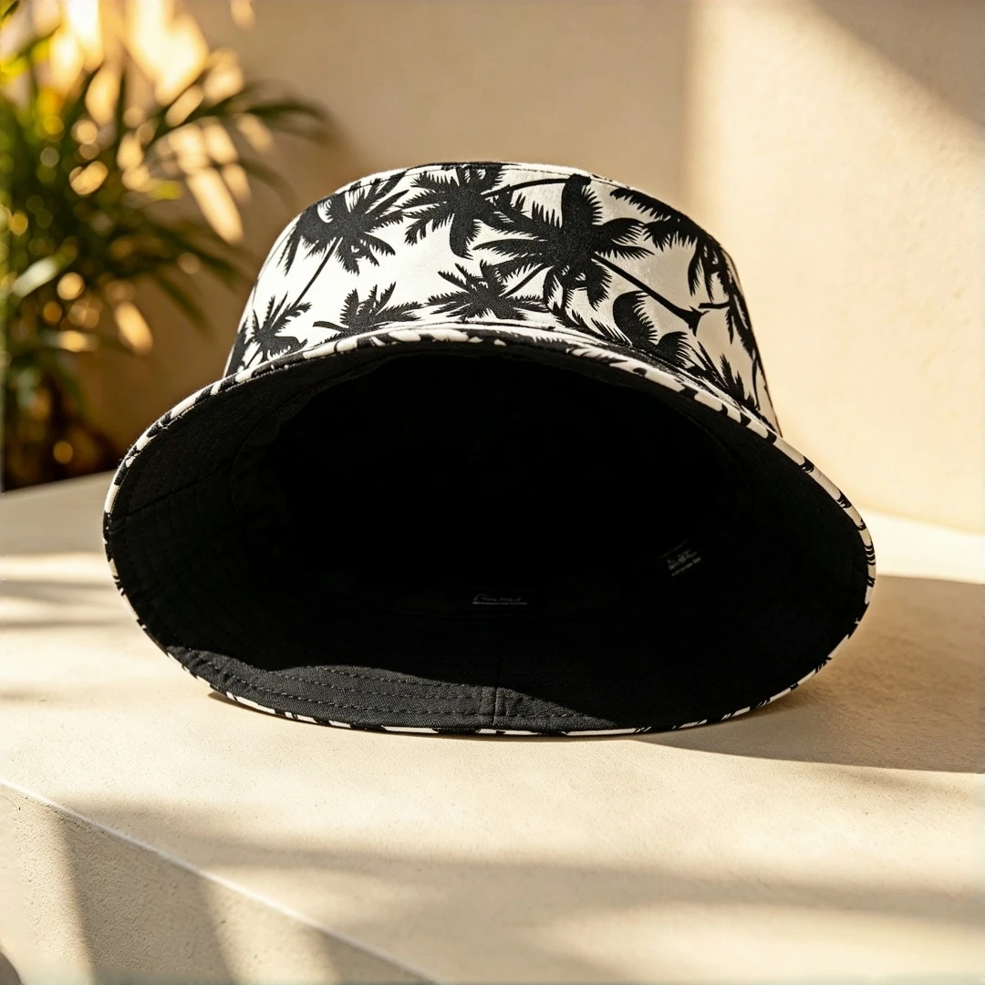 Tropical Palm Tree Print Bucket Hat for Men Women Beige Black Coconut Pattern Fisherman Cap Lightweight Foldable Beach Sun Hat O