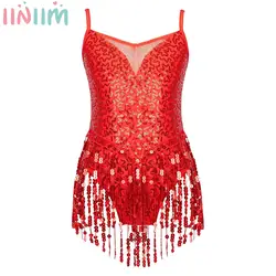 Kids Girls Sequins Tassels Latin Dance Dress Leotard Sleeveless Gymnastics Figure Ice Skating Performance Jumpsuit Costume