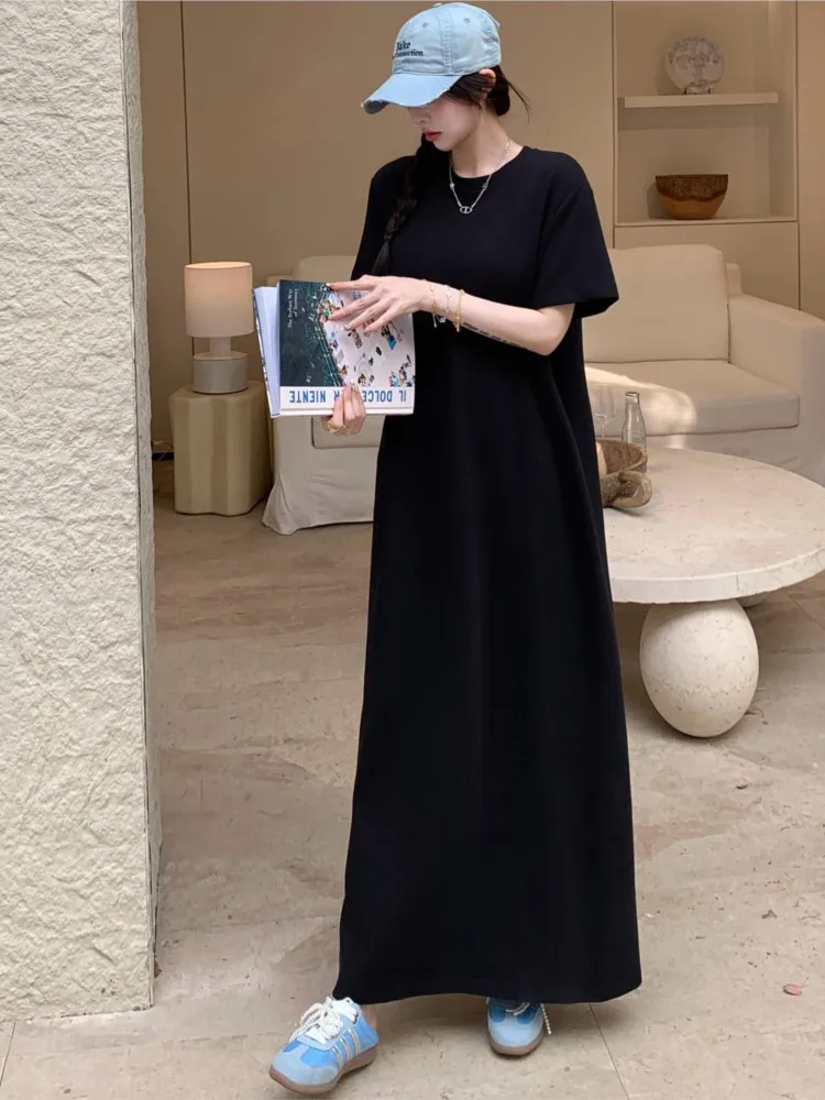 Zomer Oversize Zwarte T-shirt Jurk Vrouwen Koreaanse Losse Split Biglarge Korte Mouw Dames Jurken Lange Vrouw Jurk Vestidos