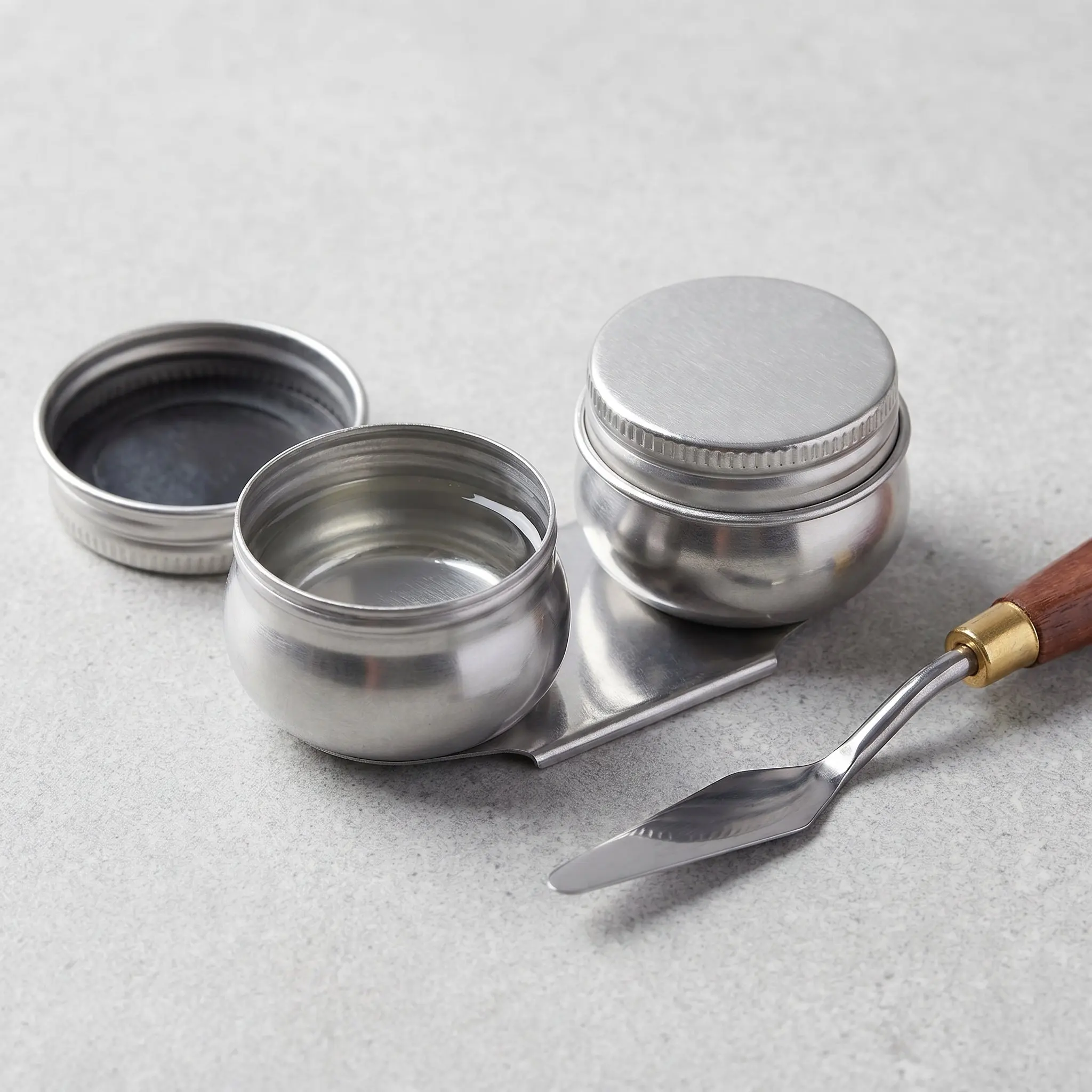 2Pcs Double Palette Dipper Leakproof Stainless Steel Paint Cups Oil Medium Storage Large Mouth Spill Proof Outdoor Painting