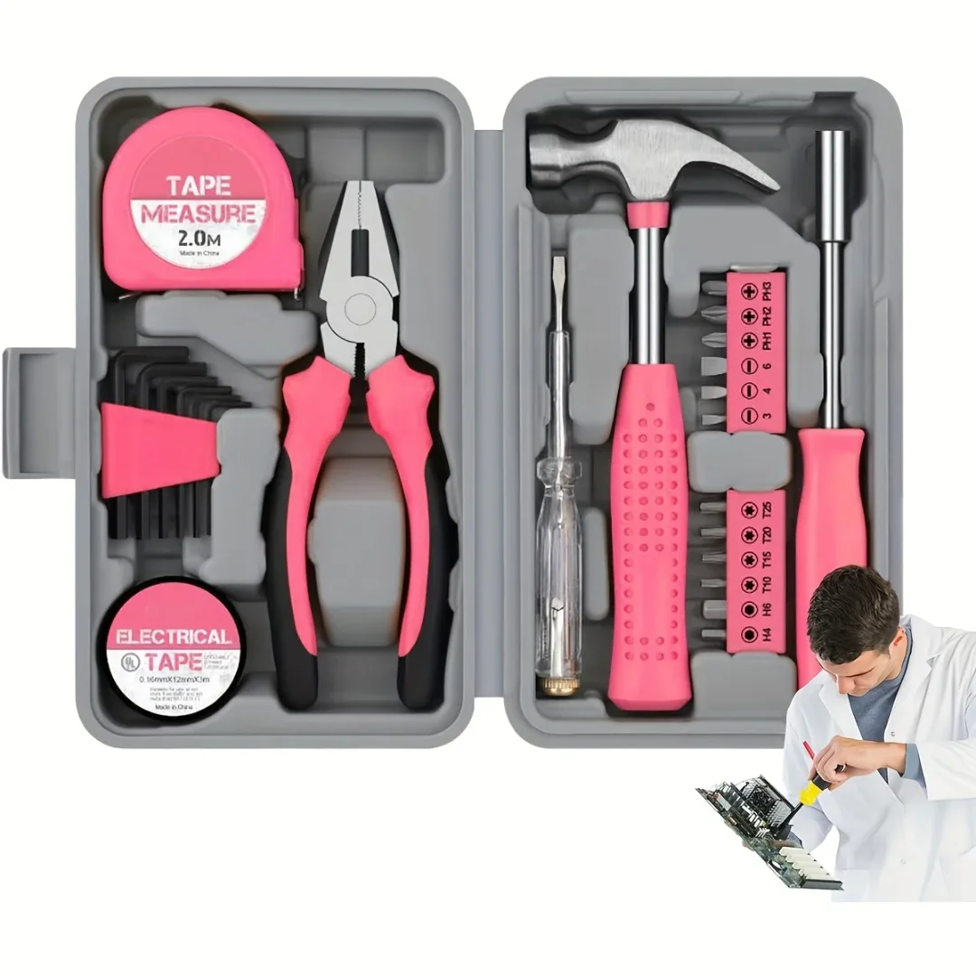 

Tool Set 24pcs Pink Household DIY Tool Kit for Women. Small Mini Tool Box Set of Starter Basic Ladies Tools