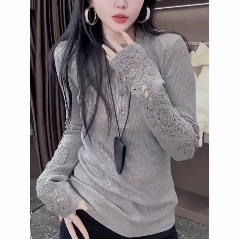 

Women Clothing Korean Fashion Sexy Hollow Out Lace Patchwork Basic T Shirt Y2K Solid O Neck Long Sleeve Slim Ribbed Knitted Tops