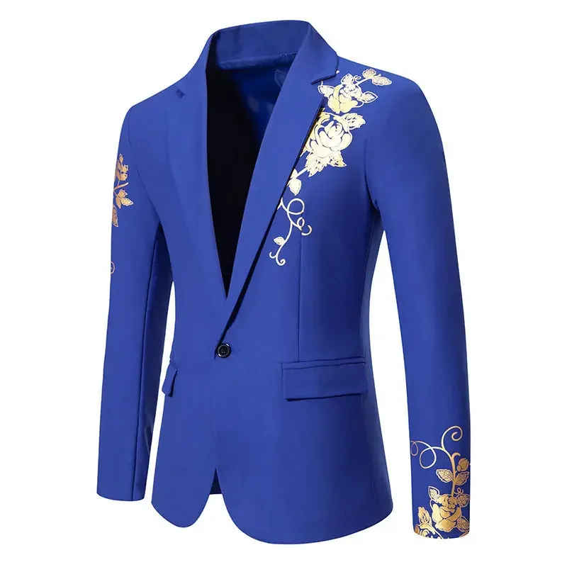 2024 New Men Business Social Suit Loose Jacket Black / White / Royal Blue Fashion Male Wedding Prom Party Rose Printed Blazers