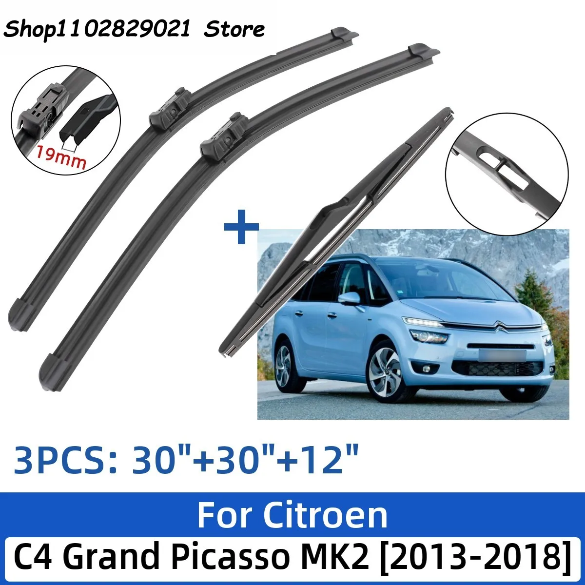 

For Citroen C4 Grand Picasso MK2 2013-2018 30"+30"+12" Front Rear Wiper Blades Windshield Windscreen Window Cutter Accessories