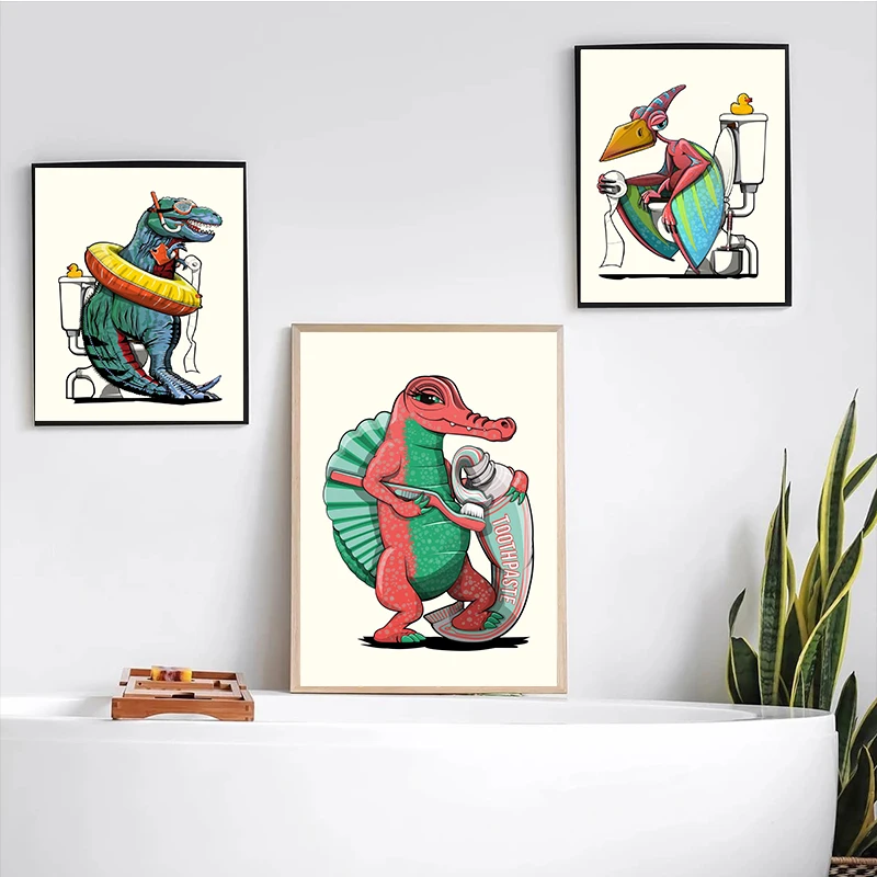 Funny Cute Jurassic Jungle Animal Poster Dinosaur Pterosaur In The Bath Canvas Painting Toilet Bathroom Wall Art Decor Picture