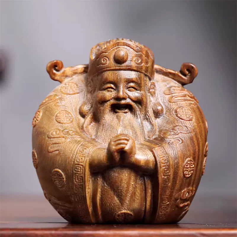 

YZ314 - Резная фигурка из зеленого сандалового дерева 6,9 x 6 x 6,5 см - Бог богатства и бессмертный бог изобилия