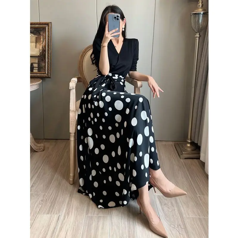 Fashion Printed Spliced Bandage Polka Dot Long Dress Women\'s Clothing 2024 Spring Summer New Loose Office Lady Vintage Dress