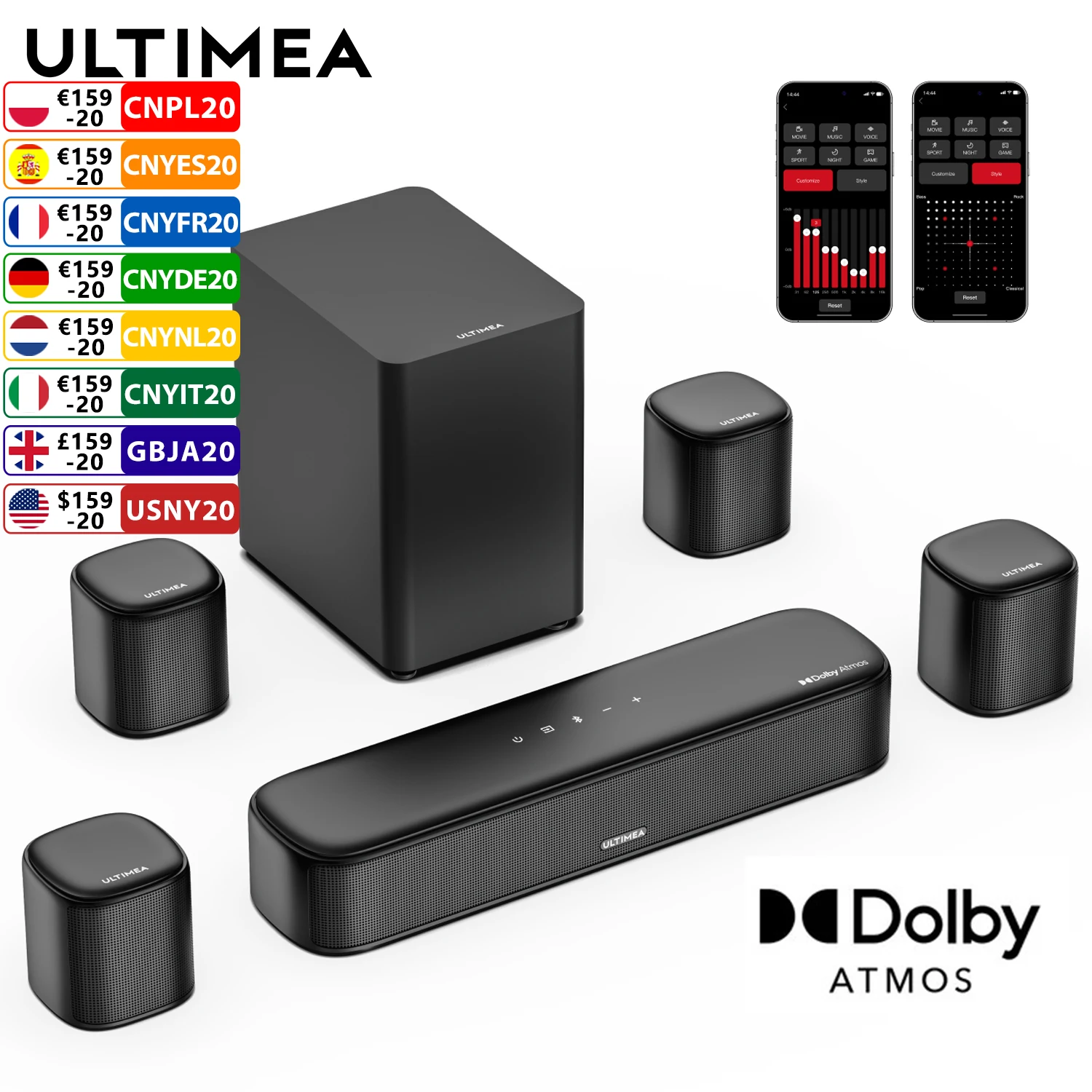 

ULTIMEA 350W 7.1 Soundbar for TV with Dolby Atmos,Home Theater Technology Bluetooth Speakers with Subwoofer&4 Surround Speakers