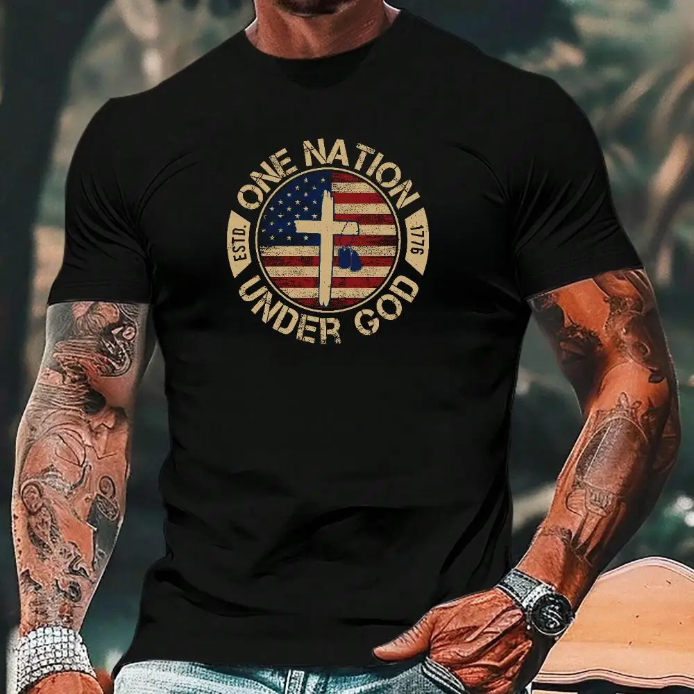 

One Nation Under God T-Shirt Men Patriotic Christian Cross American Flag Print Oversized Streetwear Casual Tee S-3XL