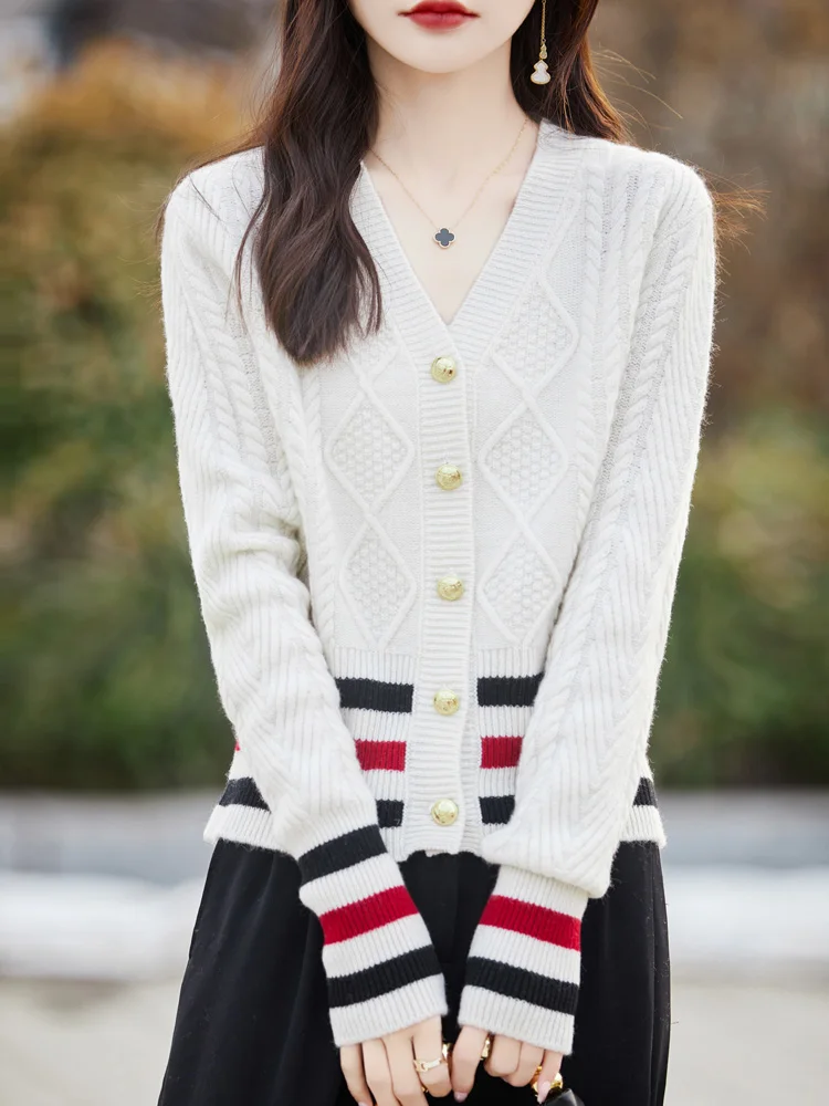 New Chic Twist Flower Women Sweater Long Sleeve V-neck Cardigan 100% Merino Wool Soft Warm Cashmere Knitwear Korean Fashion Tops