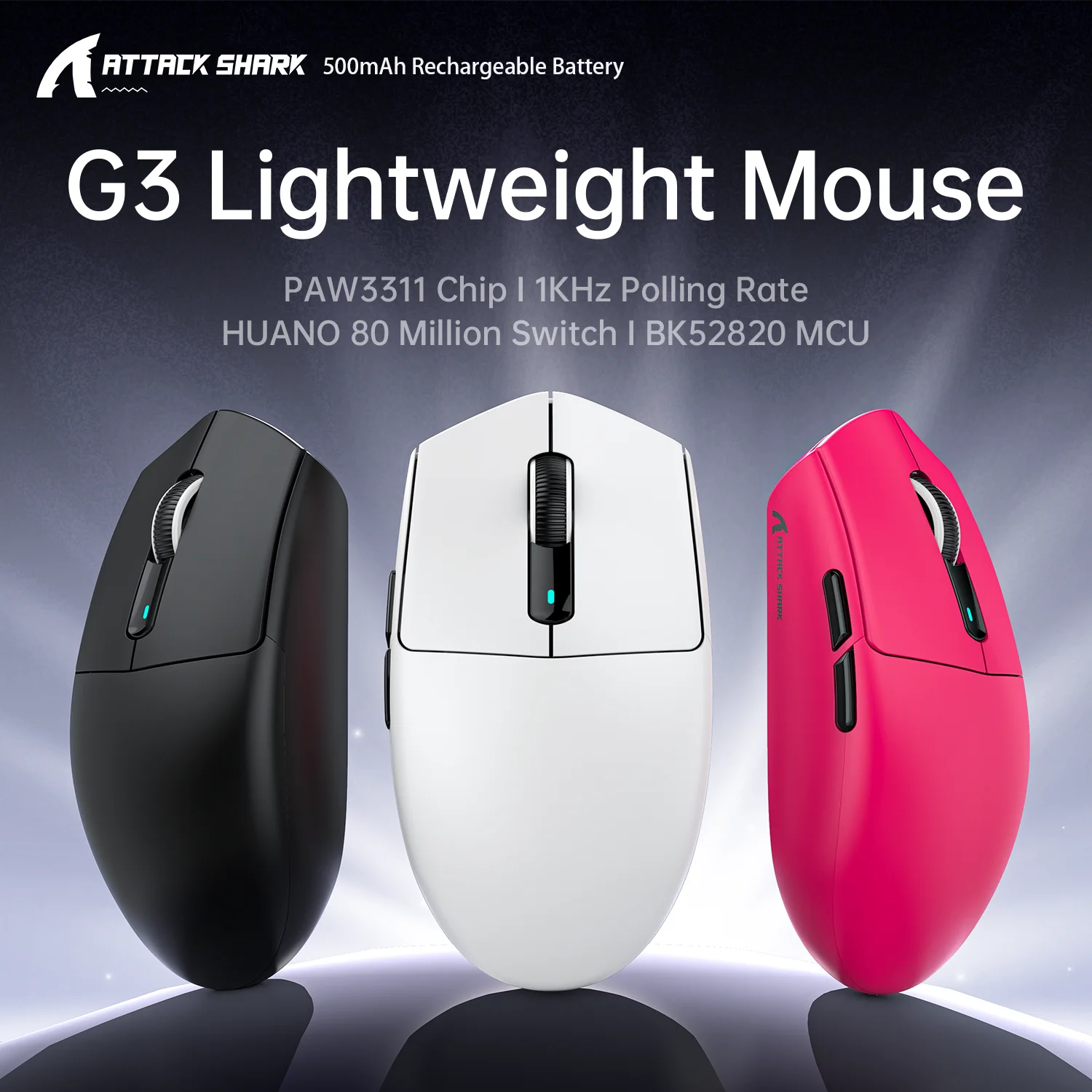 

ATTACK SHARK G3 Wireless Gaming Mouse 62g Ultra-Light PAW3311 25000 DPI 1KHz Tri-Mode Bluetooth 500mAh FPS Ergonomic Mouse