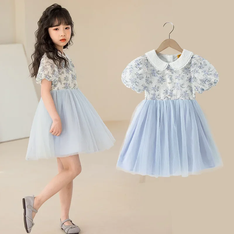 

Korea Summer School Girl Dress Junior Girl Lace Floral Gauze Children Girl Peter Pan Collar One-piece Kid Prom