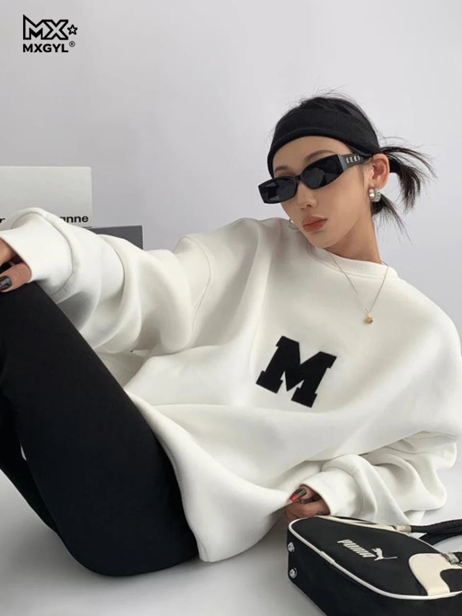 2025Retro Amerikanischen Grau Rundhals Sweatshirt Frauen Oversize Frühling Herbst Lose Schulter Top Volle Hülse Baumwolle Verdickt Winter