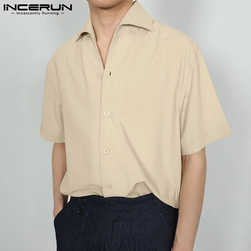 INCERUN Tops 2024 Korean Style New Men\'s Solid Well Fitting Lapel Blouse Casual Simple Male All-match Short Sleeved Shirts S-5XL