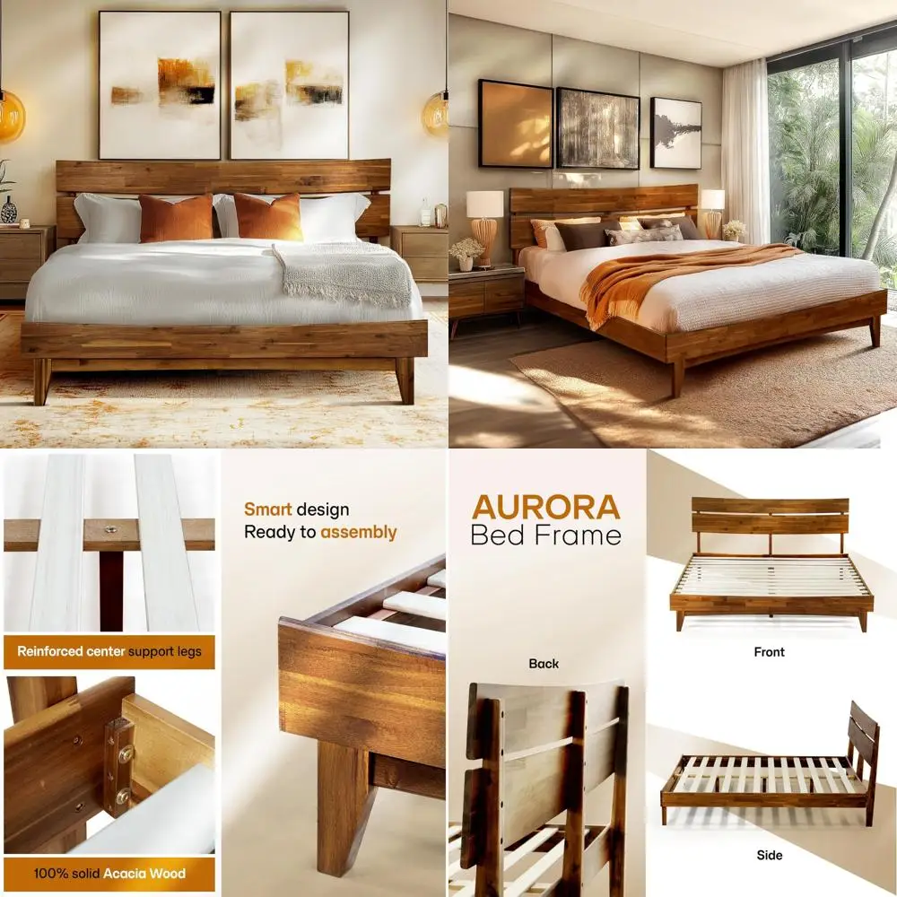 

Queen Size Acacia Aurora Wooden Bed Frame with Headboard, Supporting Up to 800 lbs, Compatible with Various Mattress Types