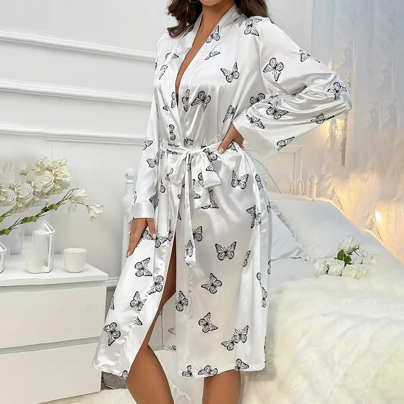 Women\'s Nightgown Butterfly Print Satin Night Robe Elegant Long Sleeve V Neck Robe With Belt Women Sleepwear Home Clothing Robes