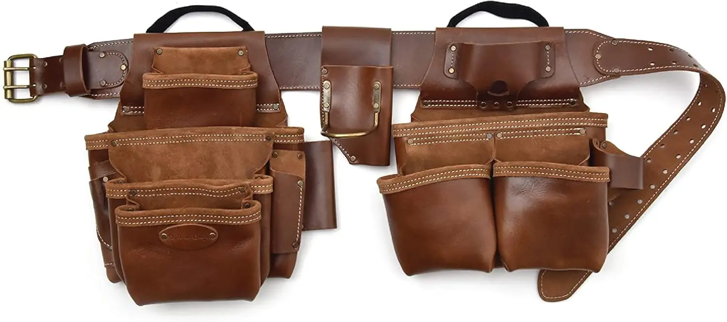 

4 Piece and 19 Pockets Pro Framer’s Combo, Tool Belt with 2 Tool Pouches and 1 Pliers and Hammer Holder, Full-Grain Leather