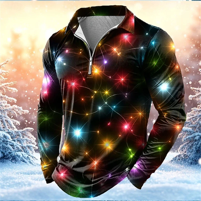 

Christmas Men's Sparkling Christmas Lights Long-Sleeve Shirt Stylish Casual Versatile Top Holiday Gathering Relaxed Polo Shirt