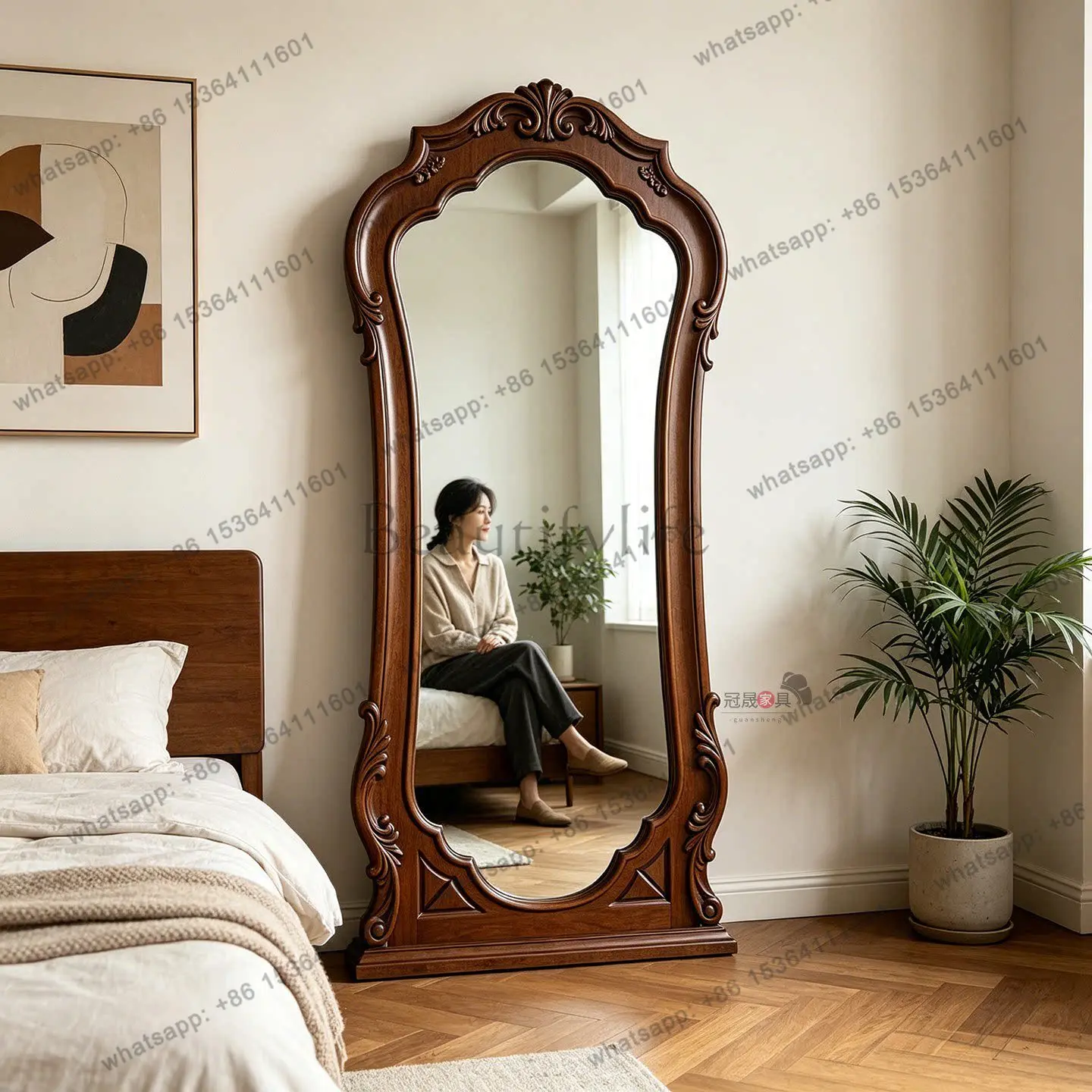 LS European Style Luxury Full-Length Mirror, American Home Vintage Bedroom Cloakroom, Classic Carved Fitting Mirror