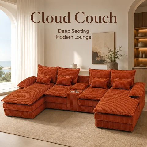 120" 5-Piece U-Shaped Sofa, Modular Sectional with Console & USB Ports, Cloud-Like Corduroy Couch for Living Room or Office